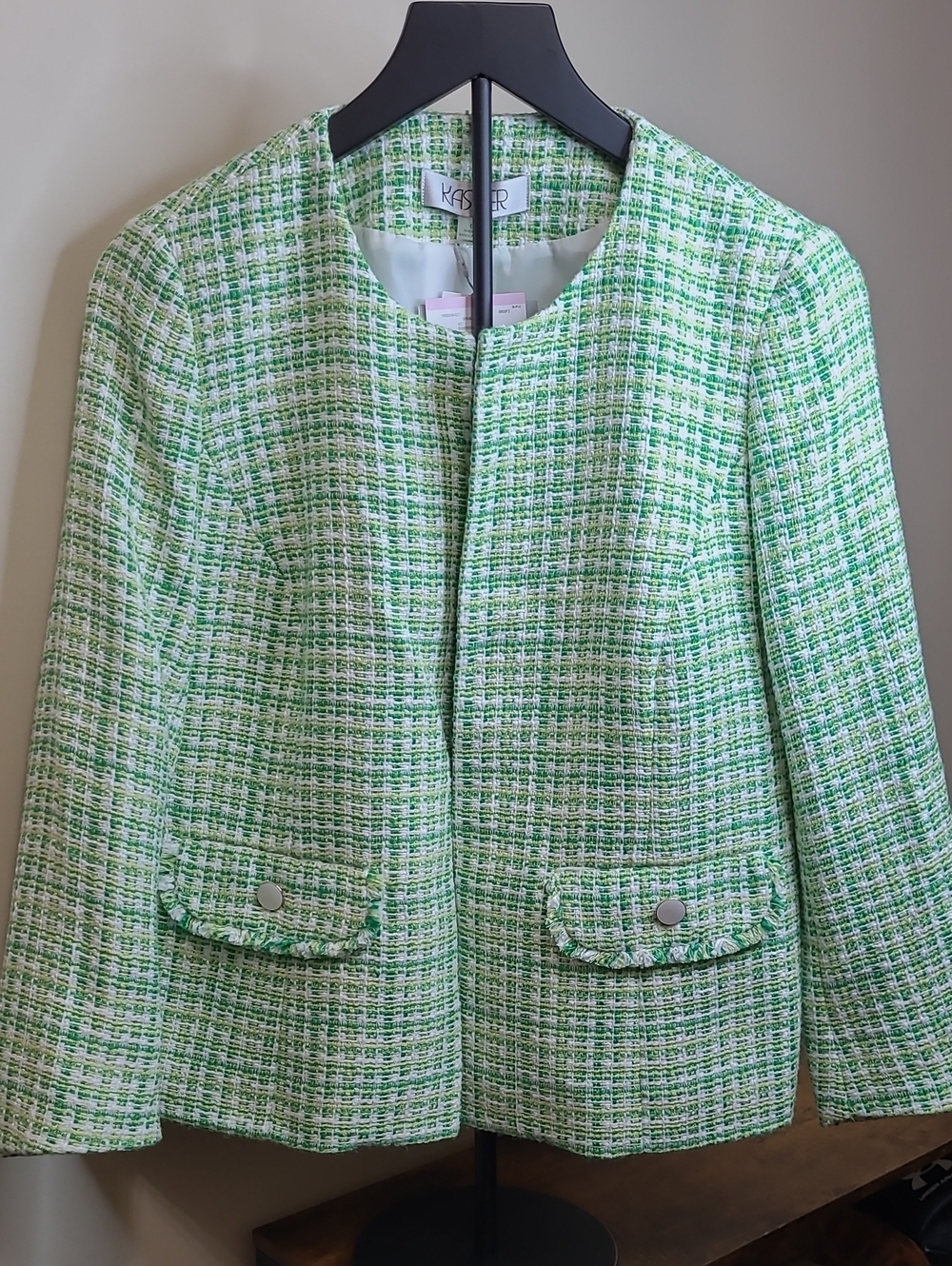 NWT Kasper Spring Green & White Tweed Open-Front Jacket size 6